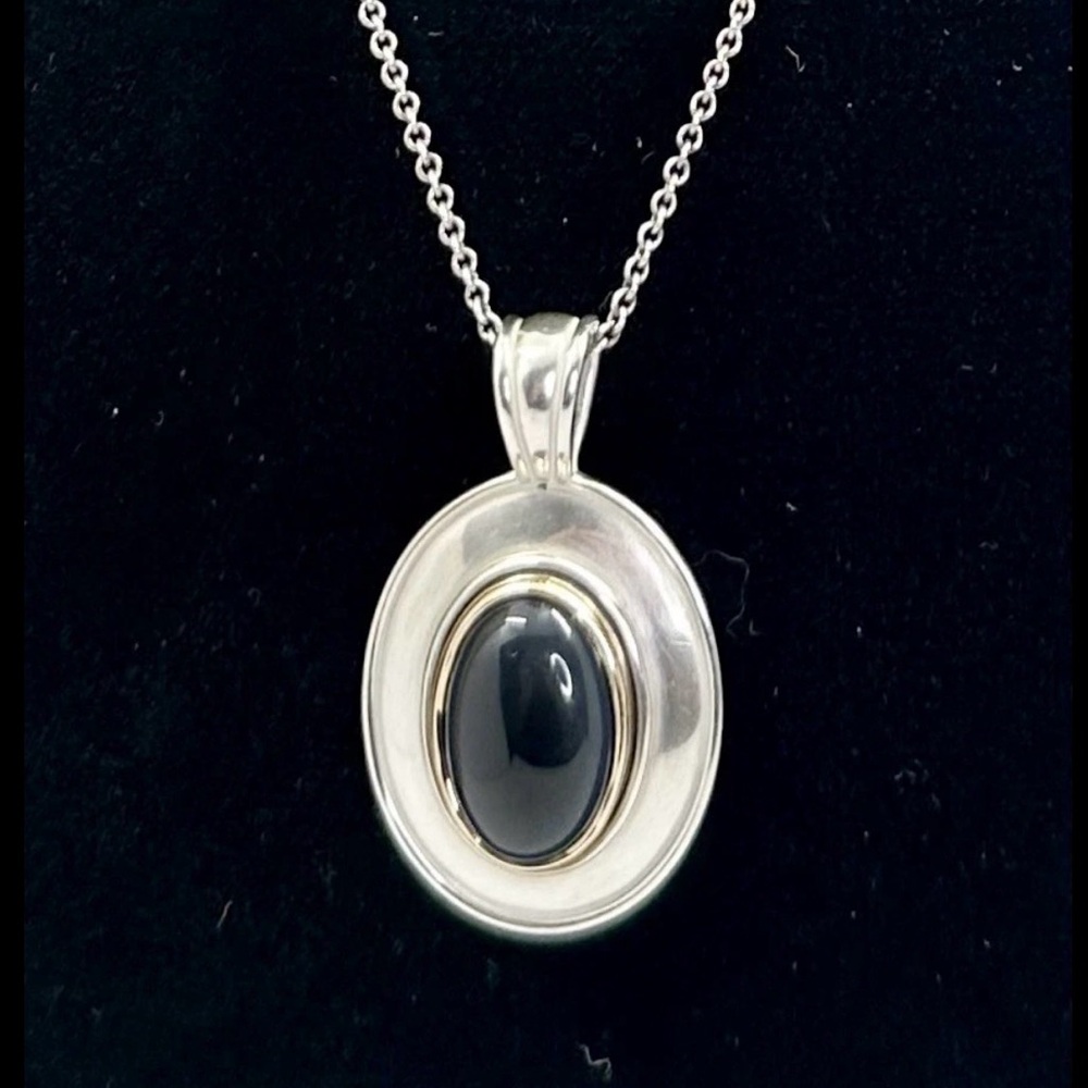 JAMES AVERY Sterling Silver 14K Ylw Gold Onyx Cabochon Pendant Necklace; RETIRED